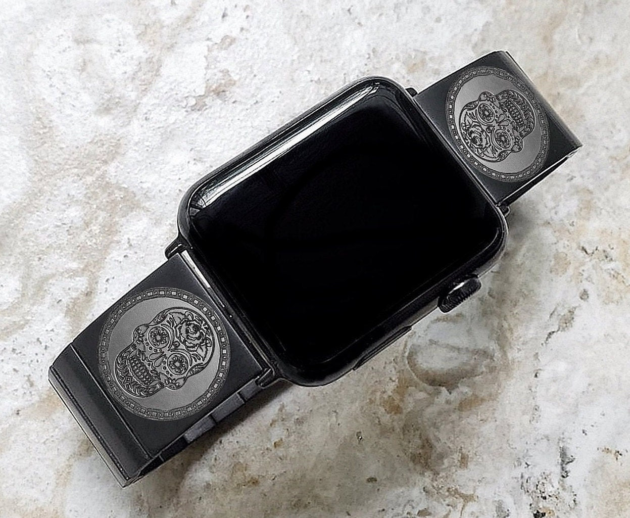 Engraved Watch Band Compatible for Apple Fitbit Samsung Garmin Smartwatches and 22mm Traditional Watches Black Stainless Steel Strap SS2